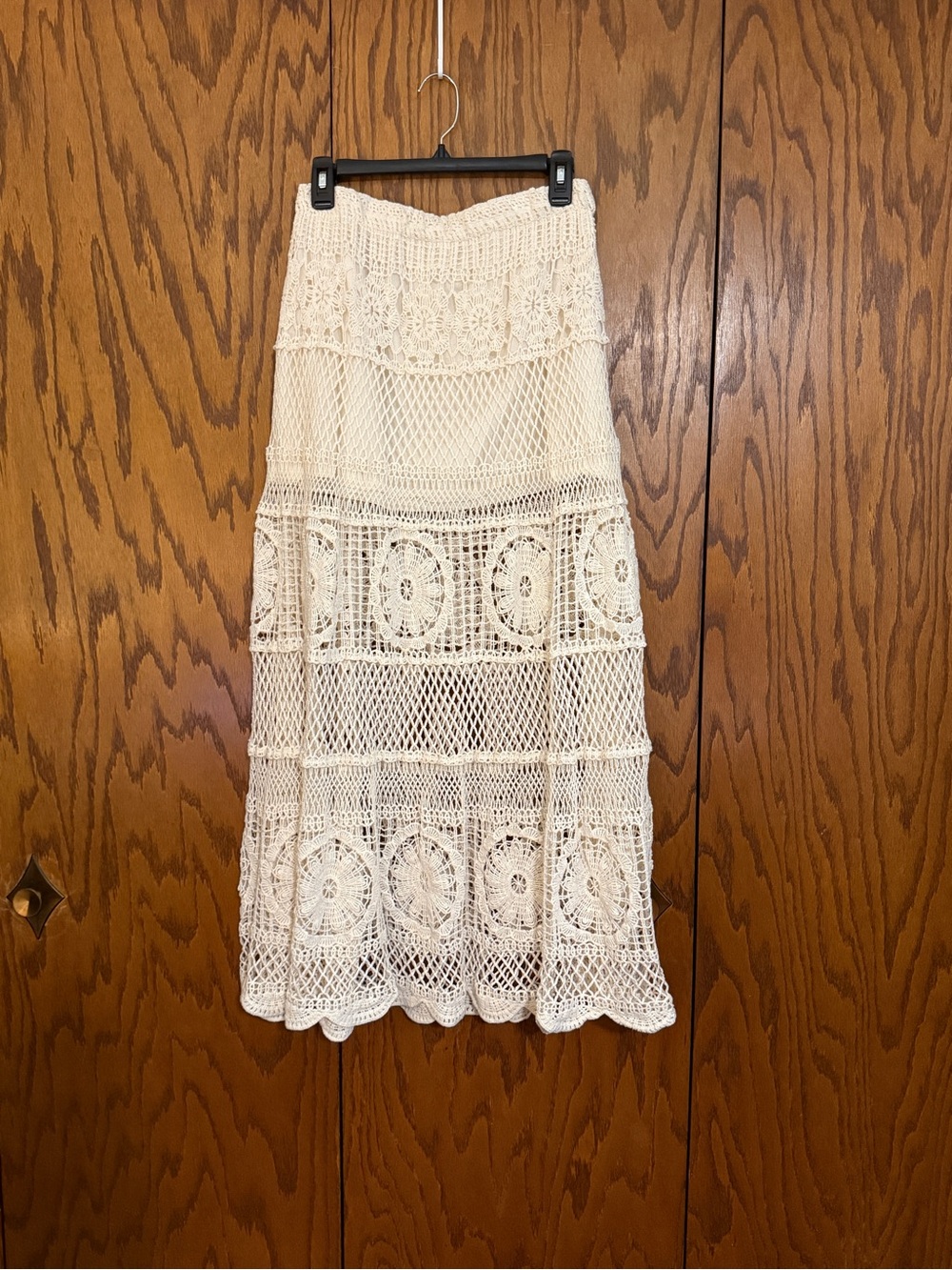 POL Boho Crochet Lace Maxi Skirt Cream One Size Tiered Festival Cottagecore